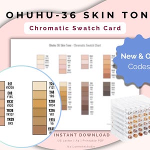 Pode incluir: Uma impressão digital intitulada "OHUHU-36 SKIN TONE Chromatic Swatch Card" com amostras de cores e uma caixa de plástico transparente de marcadores. A impressão inclui o texto "New & Old Codes" e "Instant Download". As amostras de cores variam de tons claros a escuros.