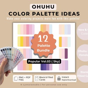 May include: A digital art product showcasing colour palette ideas for colouring projects. The image includes a colour palette fan, a central graphic with 12 colour swatches, and text that reads "Popular Vol.03 (Sky)". The colour scheme is soft and pastel.