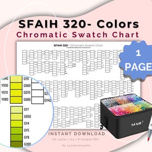May include: A chromatic swatch chart titled "SFAIH 320- Colors" with a detailed colour palette. The image includes a black case filled with colourful markers, a red-tipped marker, and a blue "1 PAGE" badge.