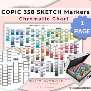 Könnte beinhalten: Eine chromatische Farbkarte für Copic 358 Sketch Marker. Die Karte zeigt eine Farbpalette mit verschiedenen Schattierungen und Farbtönen. Ein Metallkoffer mit Markern ist neben der Karte abgebildet. Der Text lautet "COPIC 358 Sketch Markers Chromatic Chart."
