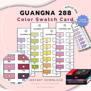 以下が含まれることがあります： GUANGNA 288 アクリルペン用のカラー見本カード。カードには、さまざまな色合いのカラーサンプルが表示され、小さなカラーキーとマーカーの箱が付いています。「Color Swatch Card」の文字が見えます。