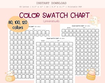 Op de afbeelding: Een printbare kleurenkaartenset met drie pagina's met rasters voor 80, 100 en 120 kleuren. Elke pagina bevat velden voor merk- en setnamen. De tekst luidt COLOR SWATCH CHART, 80, 100, 120 colors en Lynnarastudio.