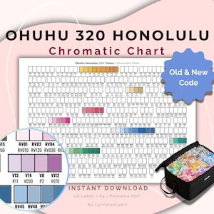 Könnte beinhalten: Eine Farbkarte mit dem Titel "OHUHU 320 HONOLULU Chromatic Chart" mit Farbfeldern und einem Farbstift-Etui. Die Karte enthält einen Farbschlüssel und den Text "Old & New Code". Das Bild enthält auch den Text "Instant Download".