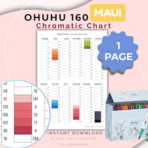 May include: A printable OHUHU 160 Maui chromatic chart with color swatches. The chart includes a color palette and a box of colorful brush markers. The text on the chart reads "Instant Download" and "US Letter | A4 | Printable PDF".