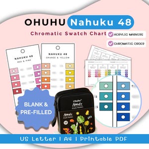 May include: Ohuhu Nahuku 48 Chromatic Swatch Chart for acrylic markers. Includes blank and pre-filled printable PDF sheets in US Letter and A4 sizes. Features color-coded cards for red, pink, orange, yellow, and blue tones in a black case.