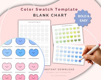 Op de afbeelding: Kleurstaal sjabloon met blanco hartvormige grafieken. De afbeelding toont een hand die een stift vasthoudt en een hart op een grafiek inkleurt. Tekst op de afbeelding zegt "Color Swatch Template", "Blank Chart", "Bold & Easy" en "Instant Download".