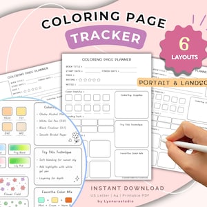 May include: A digital coloring page tracker with the text "COLORING PAGE TRACKER" in black and white. The tracker includes sections for book title, start and finish dates, and color palettes. The image also shows color swatches and examples.