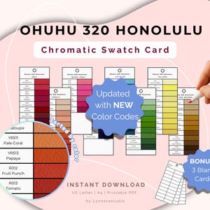 以下が含まれることがあります： Ohuhu 320 Honoluluマーカー用の色見本カード。赤、ピンク、青、緑、茶色など、色別にソートされたカラーサンプルを表示します。「Updated with NEW Color Codes」のテキストが表示されます。ボーナスブランクカードが含まれています。