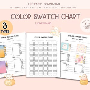 以下が含まれることがあります： 「COLOR SWATCH CHART」のテキストが入った、3つの印刷可能なカラーチャート。カラーブレンド、パターン、テクスチャ用のスペースが含まれています。用紙サイズはUSレター21.6cm x 27.9cm、A4 21cm x 29.7cmです。