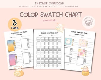 Op de afbeelding: Drie afdrukbare kleurstalenkaarten met de tekst "COLOR SWATCH CHART". De kaarten bevatten ruimtes voor kleurenmengsels, patronen en texturen. Papierformaat: US Letter 21,6 cm x 27,9 cm, A4 21 cm x 29,7 cm.