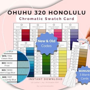 May include: A colour swatch card for Ohuhu 320 Honolulu markers. The card displays colour swatches categorised by colour families, including reds, corals, and blues. The card also includes the text "New & Old Codes" and "Bonus! 3 Blank Cards."