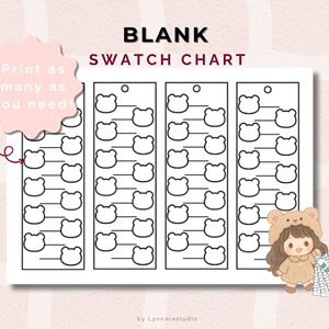 Op de afbeelding: Een witte, bedrukbare "BLANK SWATCH CHART" met beer-vormige ontwerpen. De tekst "Print as many as you need!" staat op een roze tekstballon. Een cartoonmeisje met een berenmuts houdt een kleurenpalet vast.