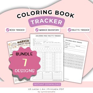 Può includere: Un pacchetto digitale di 7 design stampabili per il monitoraggio di libri da colorare in formato PDF. I fogli includono un tracker dell'inventario dei pennarelli, un tracker della tavolozza e un tracker del libro con caselle numerate. Testo: "COLORING BOOK TRACKER", "BUNDLE 7 DESIGNS", "INSTANT DOWNLOAD".