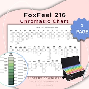 以下が含まれることがあります： FoxFeel 216の色見本チャートの印刷可能なPDF。色相別に整理されたカラーチップのグリッドが表示されています。1ページのレイアウト、クールグリーンのセクションの円形拡大図、マーカーが入った黒いキャリングケースが含まれています。