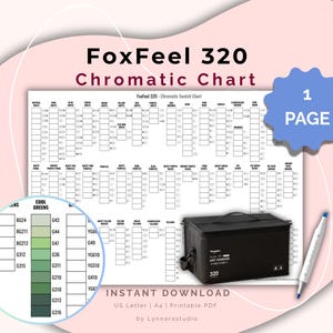 Op de afbeelding: Een printbaar FoxFeel 320 Chromatic Chart PDF-document met een raster van kleurstalen, een zwarte draagtas voor kunstmarkers en een enkele marker met twee punten. De kaart bevat tekstlabels voor verschillende kleurcategorieën.