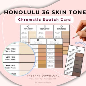 Może przedstawiać: Karta próbek chromatycznych odcieni skóry zatytułowana "HONOLULU 36 SKIN TONE" z różnymi odcieniami. Karta zawiera zbliżenia próbek kolorów oznaczonych jako "Warm Beige", "Rose Cream" i "Pastel Peach". Ręka trzyma długopis, wskazując na kartę. Widoczny jest tekst "INSTANT DOWNLOAD".