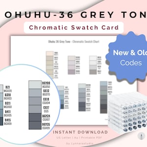 May include: A digital download featuring a chromatic swatch card for Ohuhu-36 Grey Tone markers. The card displays color swatches with new and old codes, a color chart, and a clear case of markers. Text includes "New & Old Codes" and "Instant Download".