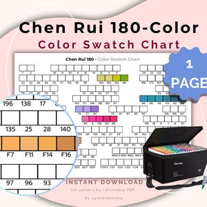 May include: A color swatch chart for Chen Rui 180-Color markers. The chart includes a detailed color grid with numbered and labeled color swatches. A close-up shows a selection of orange hues. The image also features a black carrying case and a marker.