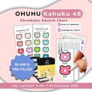 Ohuhu Kahuku 48 Acrylic Marker Swatch Chart, Chromatic Color Chart, Blank & Pre-Filled Swatch Card, Printable PDF, US Letter, A4
