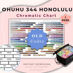 Puede incluir: Una carta de colores para los marcadores Ohuhu 344 Honolulu. La carta muestra una cuadrícula de muestras de color, con el texto "Chromatic Chart" y "OLD Codes". Un estuche negro lleno de marcadores está en la esquina inferior derecha. También se ve el texto "INSTANT DOWNLOAD".