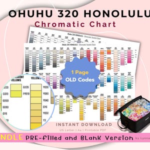May include: Ohuhu 320 Honolulu Chromatic Chart bundle featuring pre-filled and blank versions. Includes a 1-page old codes document, a detailed yellow color swatch section, and a black carrying case filled with colorful markers. Instant download.