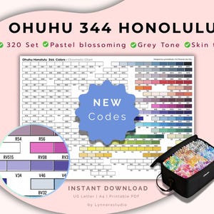 May include: A digital art print featuring a color chart for Ohuhu 344 Honolulu markers. The chart displays a range of colors, including pastel, grey, and skin tones. A black carrying case filled with markers is in the lower right corner. The text "NEW Codes" is visible.