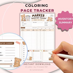 Pode incluir: Um rastreador de páginas para colorir imprimível com um tema de urso fofo. O design inclui seções para resumo do inventário, acompanhamento do progresso e notas. O texto "COLORING PAGE TRACKER" e "MARKER INVENTORY TRACKER" é visível. Download instantâneo.