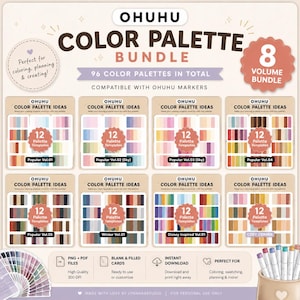 Peut inclure: Un ensemble de palettes de couleurs Ohuhu comprenant 96 palettes au total réparties en 8 volumes. L'affichage numérique présente 8 jeux distincts de 12 modèles de couleurs, incluant des thèmes populaires, hivernaux et inspirés de Disney.