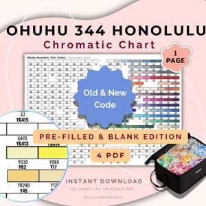 Pode incluir: Download digital de um gráfico cromático Ohuhu 344 Honolulu. O gráfico inclui amostras de cores e códigos, com opções pré-preenchidas e em branco. Uma caixa preta cheia de marcadores coloridos também é visível.