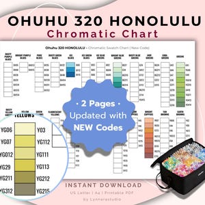 Może przedstawiać: Karta kolorów zatytułowana "OHUHU 320 HONOLULU Chromatic Chart" z próbkami kolorów i czarną torbą transportową wypełnioną markerami. Tabela zawiera tekst "2 Pages Updated with NEW Codes" i "Instant Download".