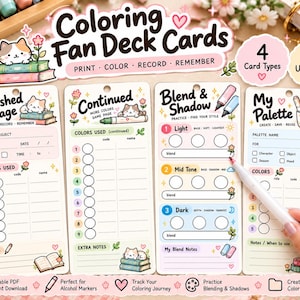 May include: Four rectangular coloring fan deck cards with pastel illustrations of cats and flowers. The cards are titled Finished Page, Continued, Blend & Shadow, and My Palette, featuring sections for recording colors, dates, and notes for coloring projects.