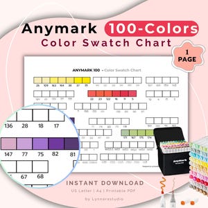 Tabela de cores AnyMark com 100 cores em PDF para impressão, tabela de cores de marcadores à base de álcool, folha de amostras fácil de usar, rastreador de marcadores, download instantâneo