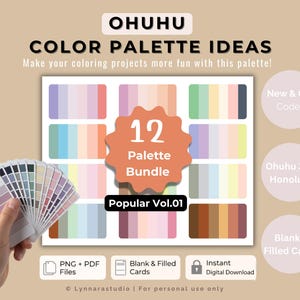 May include: A color palette bundle with the text "OHUHU COLOR PALETTE IDEAS" and "12 Palette Bundle". The image includes color swatches and a hand holding a color fan. The palette offers "PNG + PDF Files" and "Instant Digital Download".
