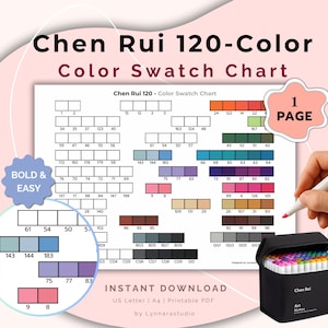 Könnte beinhalten: Ein Farbmusterdiagramm mit dem Titel "Chen Rui 120-Color Color Swatch Chart" mit einer Farbpalette. Das Bild enthält eine schwarze Hülle mit Kunstmarkern und eine Hand, die einen Marker hält. Das Diagramm ist für den sofortigen Download konzipiert.