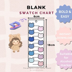Op de afbeelding: Een blanco kleurenpalet met beer-vormige kleurstalen in blauw- en roze tinten, 6 cm breed en 18 cm hoog. Inclusief een paarse en roze perforator, een schattig cartoonfiguur en de tekst "BLANK SWATCH CHART".