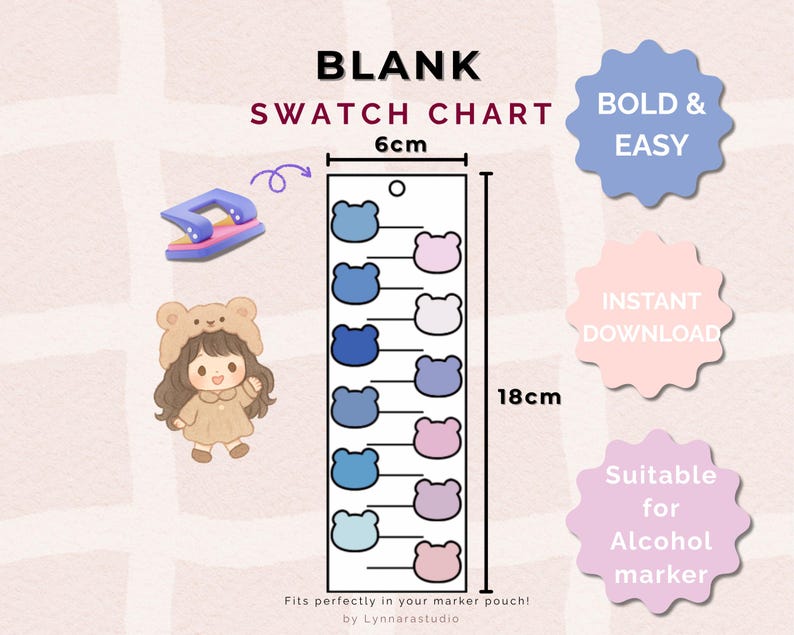 Op de afbeelding: Een blanco kleurenpalet met beer-vormige kleurstalen in blauw- en roze tinten, 6 cm breed en 18 cm hoog. Inclusief een paarse en roze perforator, een schattig cartoonfiguur en de tekst "BLANK SWATCH CHART".