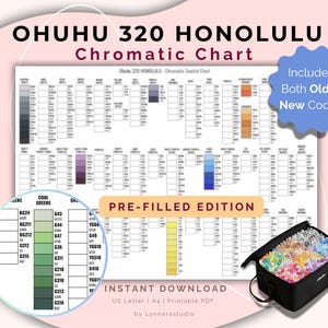 Könnte beinhalten: Ein Farbtabelle mit dem Titel "OHUHU 320 HONOLULU Chromatic Chart" mit einem detaillierten Farbmusterraster. Die Tabelle enthält sowohl alte als auch neue Farbcodes. Eine Nahaufnahme zeigt eine Auswahl an kühlen Grüntönen. Ein schwarzer Tragekoffer mit bunten Markern ist ebenfalls sichtbar.