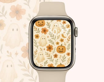 Halloween Apple Watch Face | Cute Ghost Pumpkin Watch Wallpaper | Fall Floral Apple Watch Background