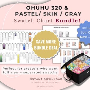 Op de afbeelding: Een bundel Ohuhu 320, Pastel, Skin en Grijs kleurenschema's. De afbeelding bevat een zwarte draagtas vol kleurrijke stiften en verschillende afgedrukte kleurenschema's. Tekst op de afbeelding luidt "SAVE MORE BUNDLE DEAL" en "INSTANT DOWNLOAD".