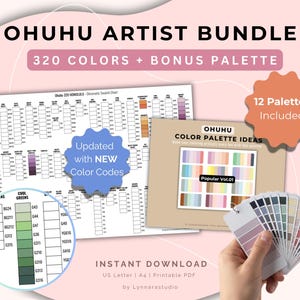 Puede incluir: Un paquete de artista con 320 colores y una paleta adicional. La imagen incluye tablas de colores, ideas de paletas de colores y una mano sosteniendo una muestra de color. El texto dice "OHUHU ARTIST BUNDLE" y "INSTANT DOWNLOAD".