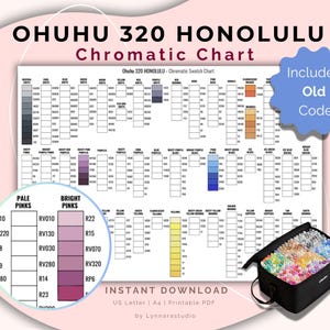 May include: A colour chart for Ohuhu 320 Honolulu markers. The chart includes a colour swatch guide with colour names and codes. A black carrying case filled with markers is in the lower right corner. The text "Includes Old Code" is in a blue shape.