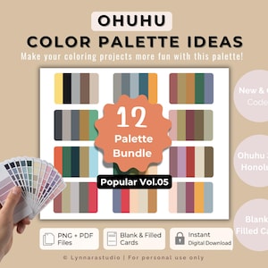 Peut inclure: Téléchargement numérique présentant des idées de palettes de couleurs. L'image affiche un ensemble de palettes avec 12 schémas de couleurs, un éventail d'échantillons de couleurs et le texte "OHUHU COLOR PALETTE IDEAS". La palette comprend diverses couleurs, dont des nuances de marron, de vert et de rose.