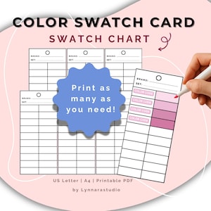 Peut inclure: Carte d'échantillons de couleurs avec le texte "COLOR SWATCH CARD SWATCH CHART". La carte comporte plusieurs sections vierges pour les échantillons de couleurs. Une main tient un marqueur rose, colorant un échantillon. Le texte "Print as many as you need!" est également visible.