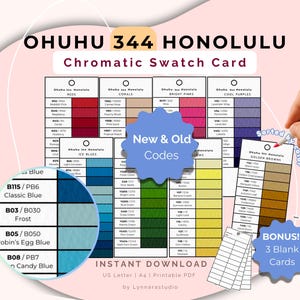 Puede incluir: Una tarjeta de muestras cromáticas titulada "OHUHU 344 HONOLULU" con muestras de color en varios tonos, incluyendo rojos, corales y azules. La tarjeta incluye una bonificación de tres tarjetas en blanco.