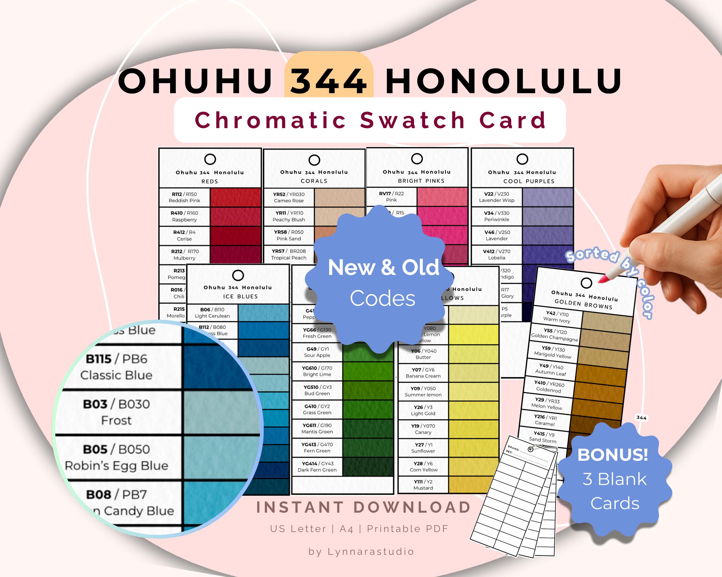 Ohuhu 344 Marker Swatch Chart: Printable Honolulu Old & New Codes