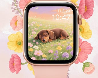 Cute Dog Apple Watch Face | Dachshund Watch Face | Kawaii Puppy Wallpaper | Pastel Digital Download