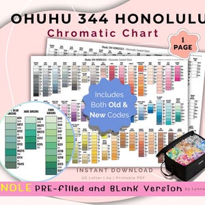 Puede incluir: Una carta cromática digital Ohuhu 344 Honolulu con una cuadrícula de muestras de color con códigos antiguos y nuevos. El PDF imprimible incluye versiones prellenadas y en blanco en tamaños US Letter y A4, junto a un estuche negro.