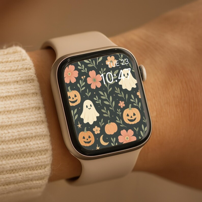May include: A beige smartwatch displaying a Halloween theme. The screen features orange pumpkins, pink flowers, white ghosts, and green foliage against a dark backdrop. The time is 10:40, and the date is Tuesday, the 23rd.
