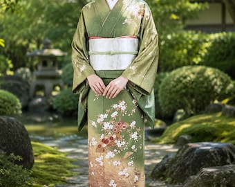 May include: An olive green kimono featuring a white and brown gradient hem, decorated with white cherry blossom patterns and gold fan motifs. The garment is secured with a wide, textured white obi sash tied with a thin, light green cord.