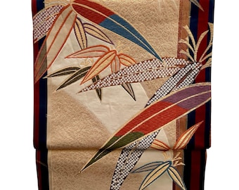 Vintage Japanse Fukuro Obi – gouden zijde met bamboemotieven en metallic foliedetails